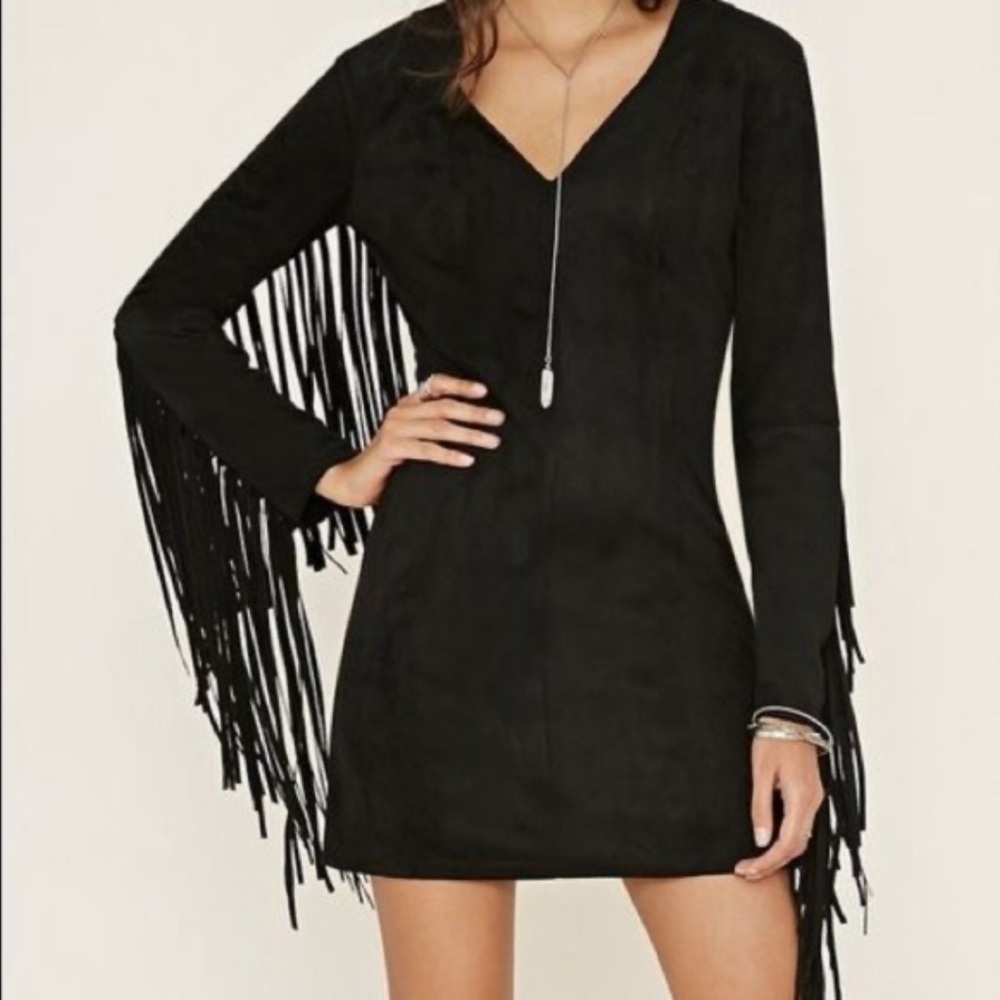 Forever 21 Black Fringe V-Neck Mini Dress